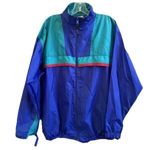Vintage Sierra Sport Nylon Rain Jacket Men Medium Blue Green‎ Full Zip Hood Wind